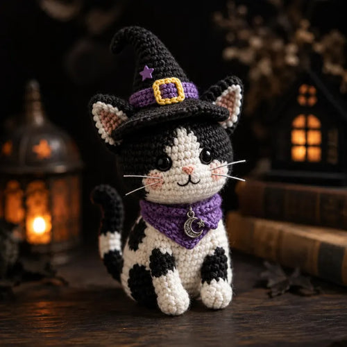 Handmade Crocheted Witch Cat Amigurumi - Adorable Black & White Cow Cat with Hat and Moon Charm Neckerchief