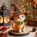 Handmade Crocheted Witch Cat Amigurumi - Adorable Black & White Cow Cat with Hat and Moon Charm Neckerchief