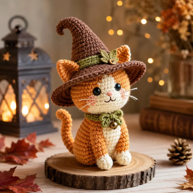 Handmade Crocheted Witch Cat Amigurumi - Adorable Black & White Cow Cat with Hat and Moon Charm Neckerchief