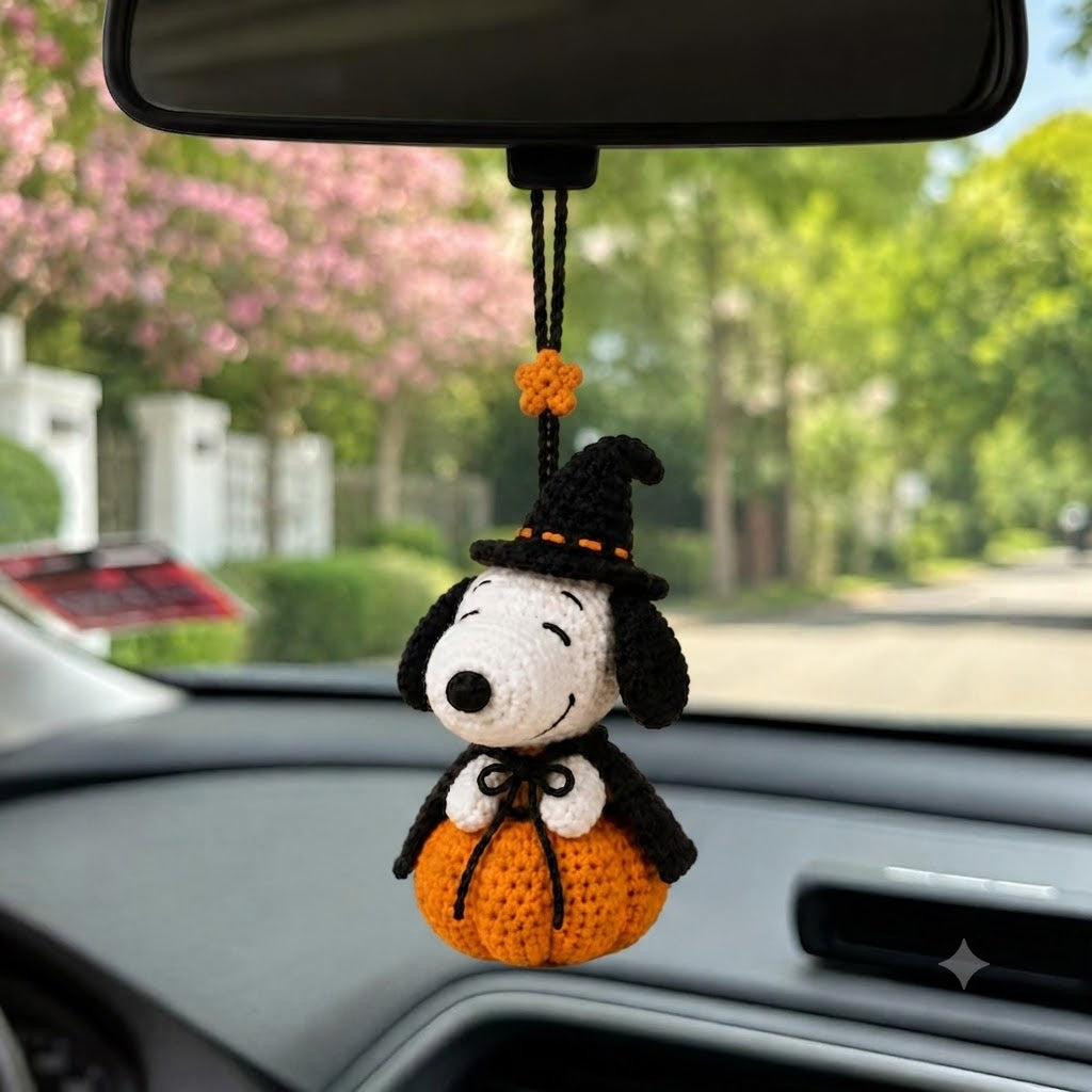 Witch Dog & Pumpkin Car Rearview Mirror Hanger - Halloween Amigurumi Crochet