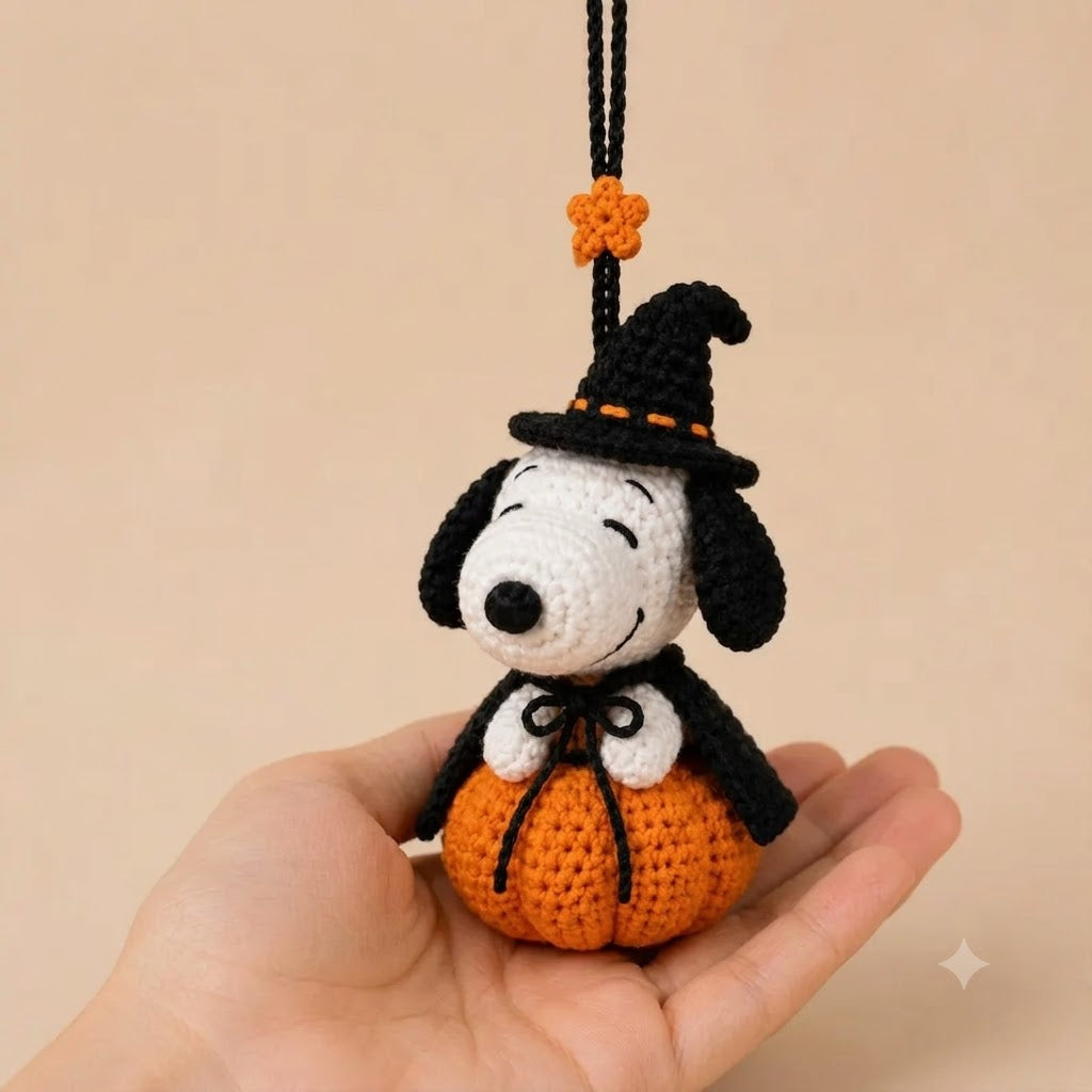 Witch Dog & Pumpkin Car Rearview Mirror Hanger - Halloween Amigurumi Crochet