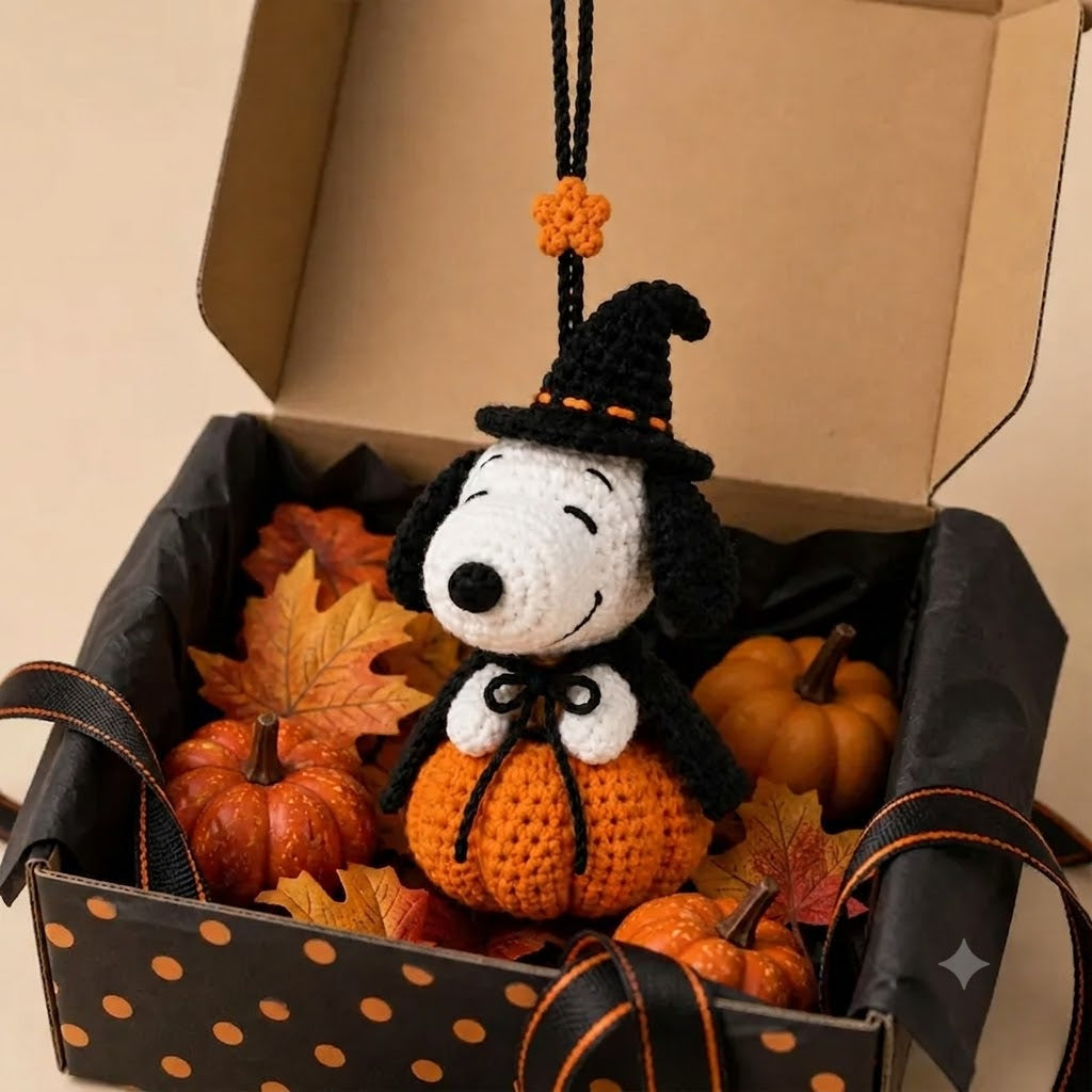 Witch Dog & Pumpkin Car Rearview Mirror Hanger - Halloween Amigurumi Crochet